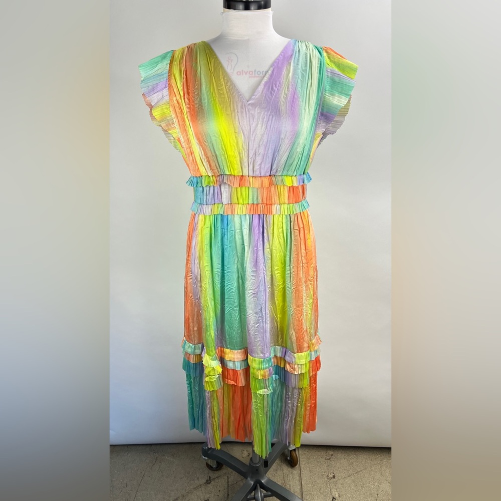 💚 2857. Plisse Ruffled Multi Color Midi Dress